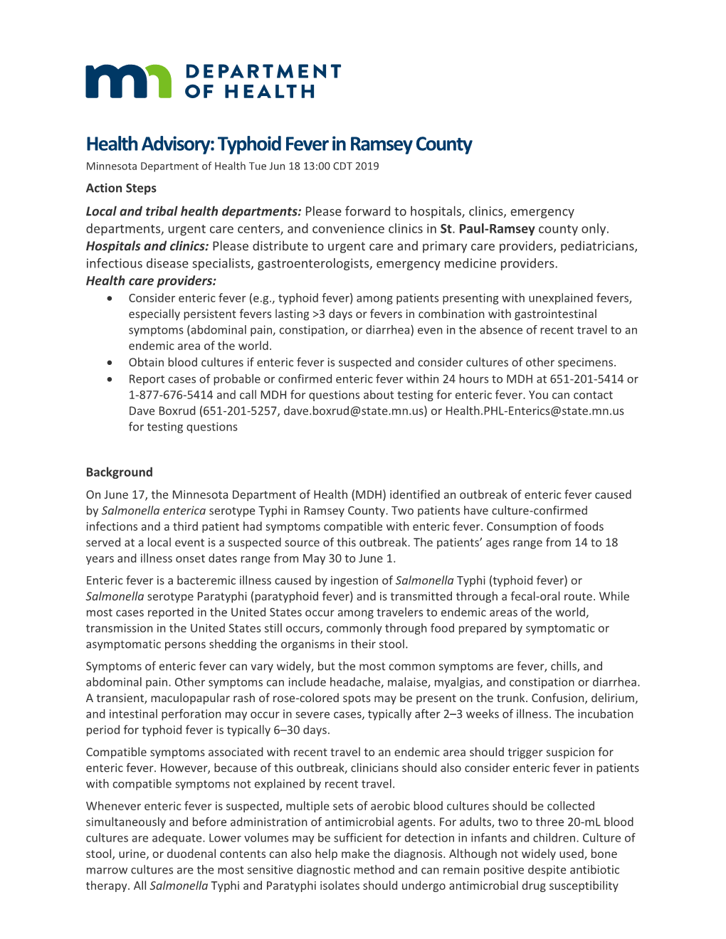 Health Advisory: Typhoid Fever in Ramsey County