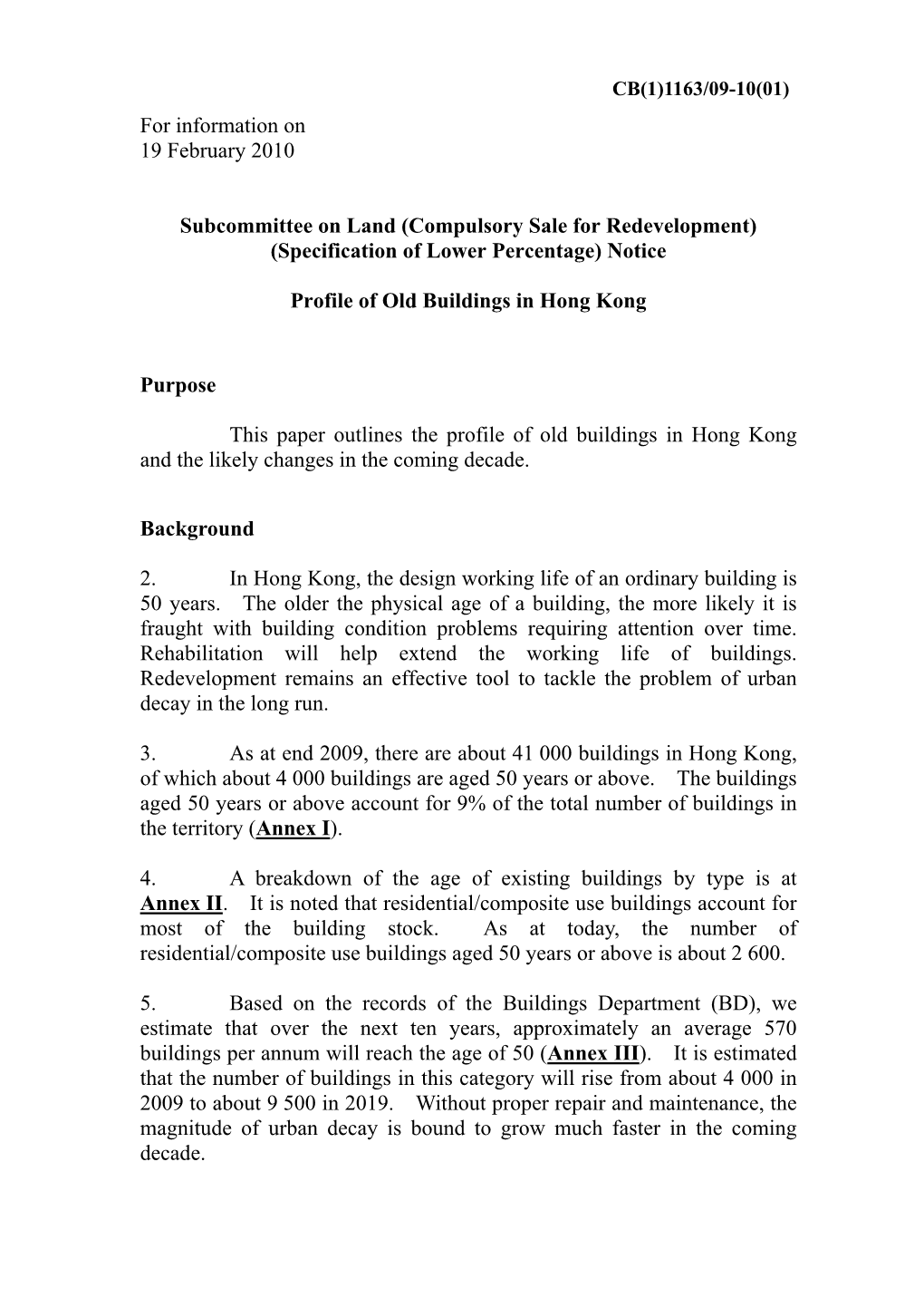 Administration's Paper on Profile of Old Buildings in Hong Kong