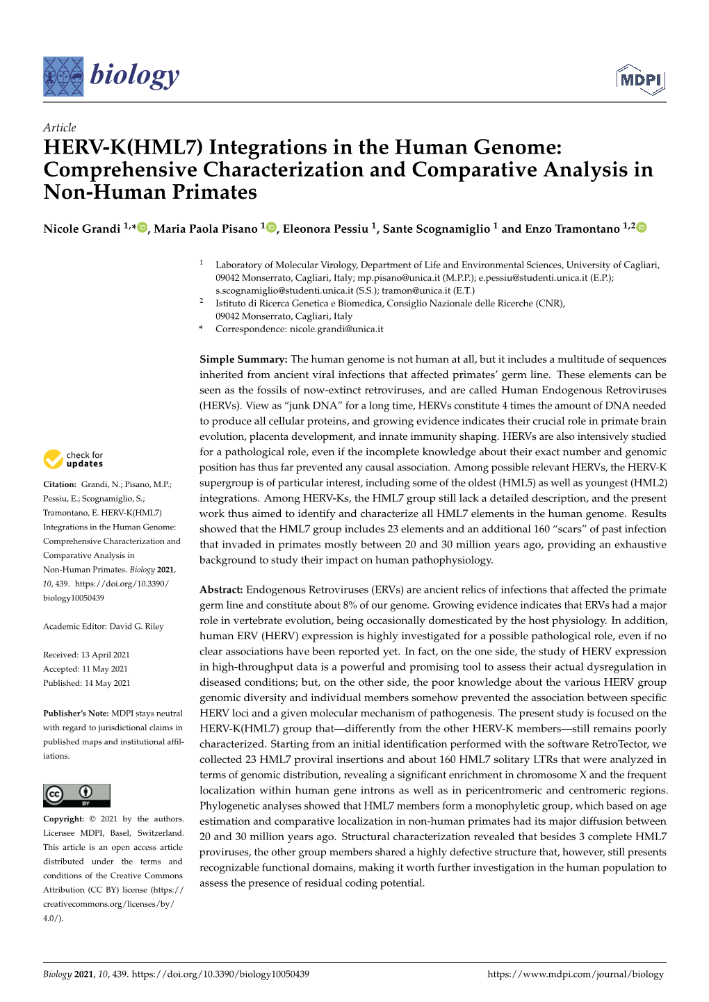 HERV-K(HML7) Integrations in the Human Genome: Comprehensive Characterization and Comparative Analysis in Non-Human Primates
