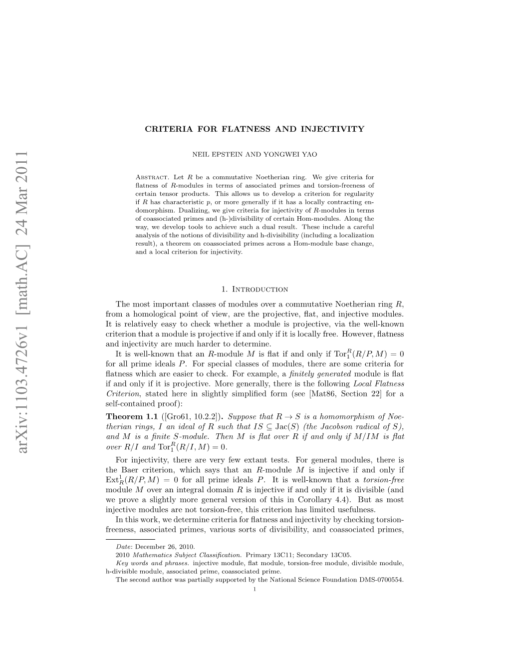 CRITERIA for FLATNESS and INJECTIVITY 3 Ring of R