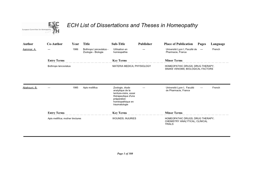 ECH List of Dissertations and Theses in Homeopathy