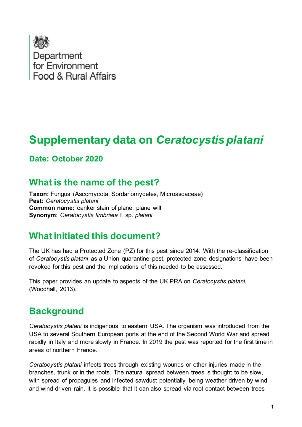 Summary Assessment of Ceratocystis Platani