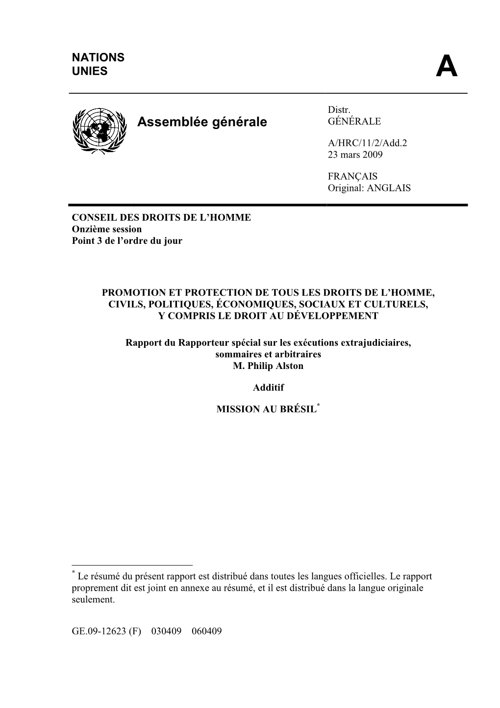 Assemblée Générale GÉNÉRALE A/HRC/11/2/Add.2 23 Mars 2009