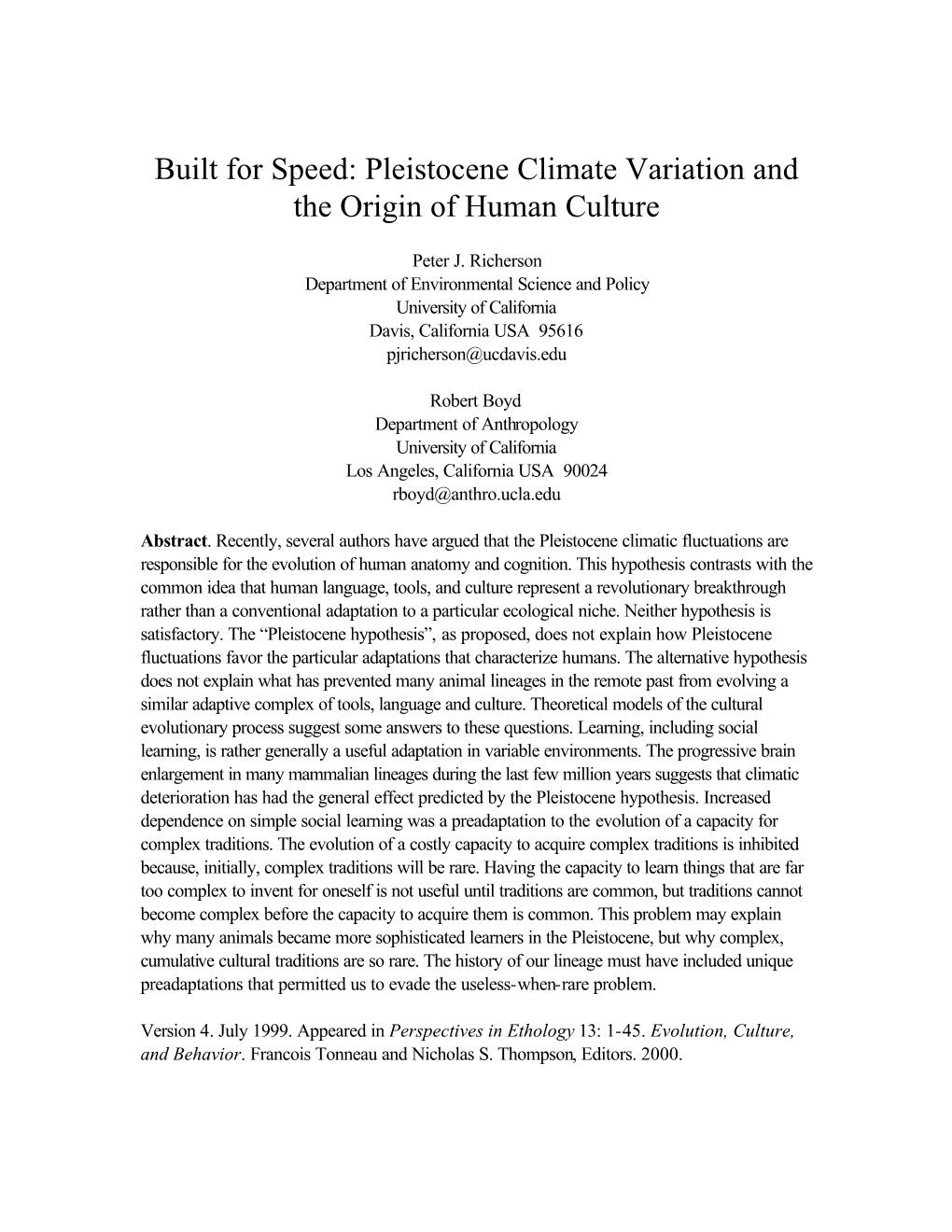 Pleistocene Climate Variation and the Origin of Human Culture