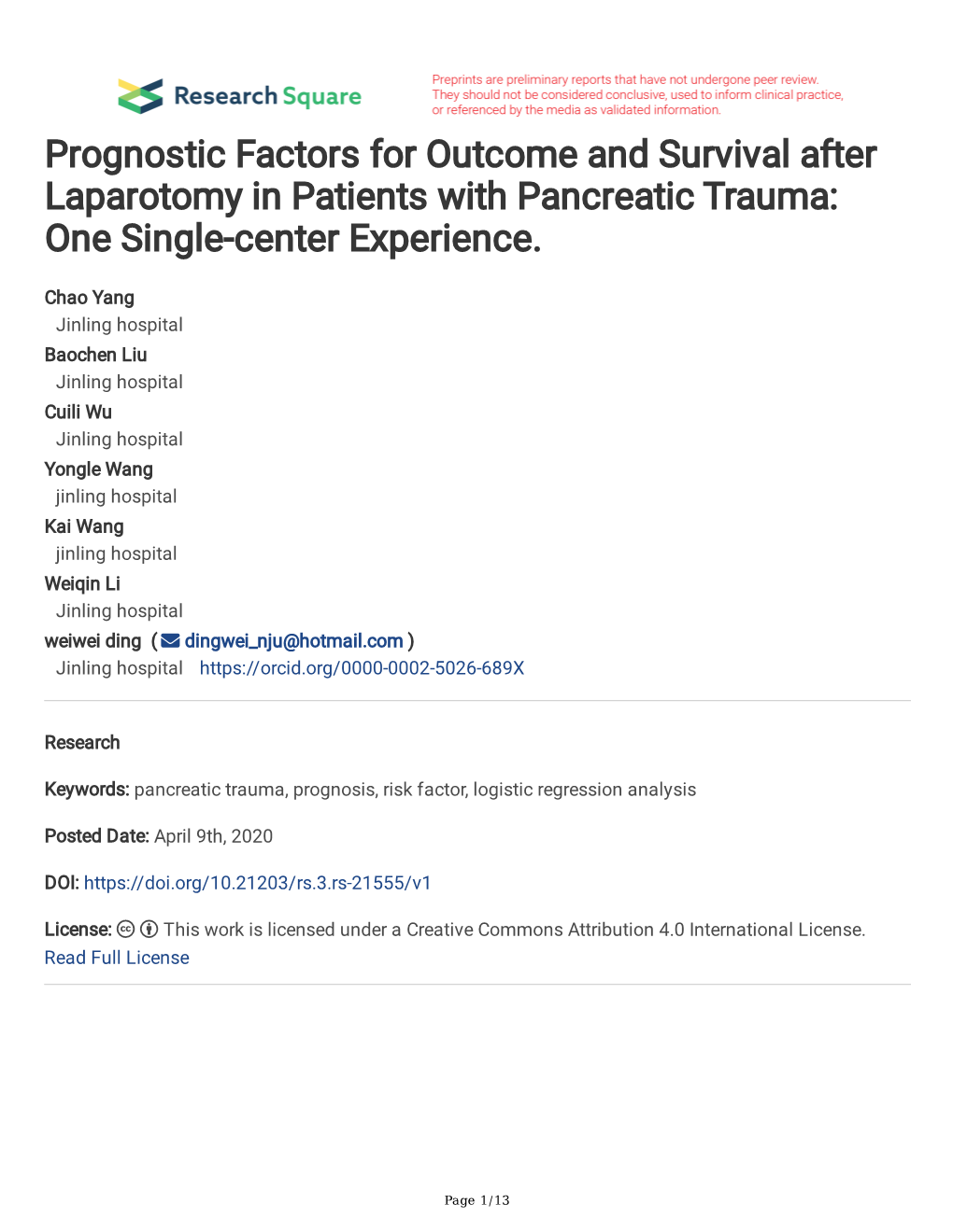 Prognostic Factors for Outcome and Survival After Laparotomy in Patients with Pancreatic Trauma: One Single-Center Experience