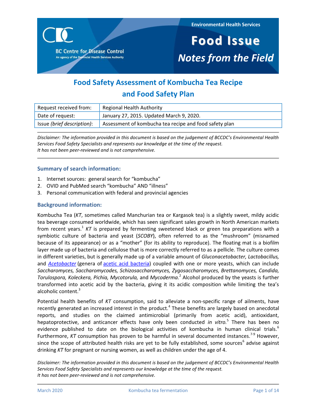 Assessment of Kombucha Tea Recipe and Food Safety Plan