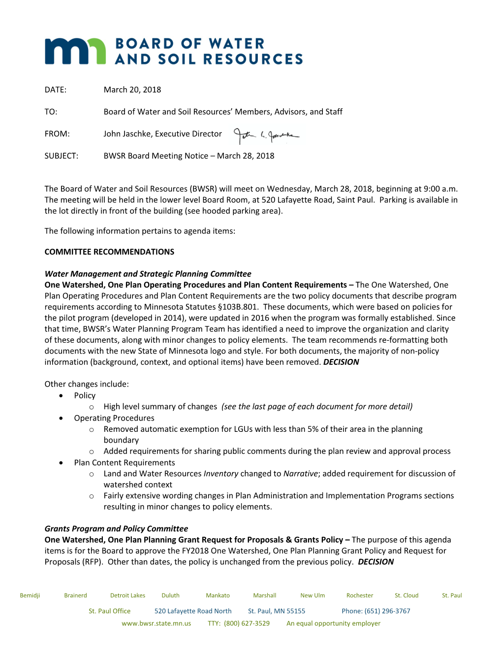 DATE: March 20, 2018 TO: Board of Water and Soil Resources