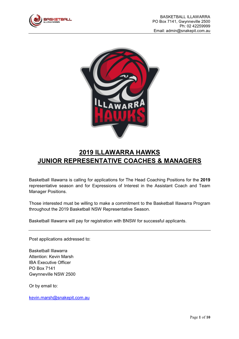 2019 Illawarra Hawks Junior Representative Coaches & Managers