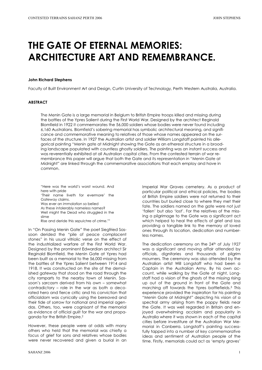 The Gate of Eternal Memories: Architecture Art and Remembrance