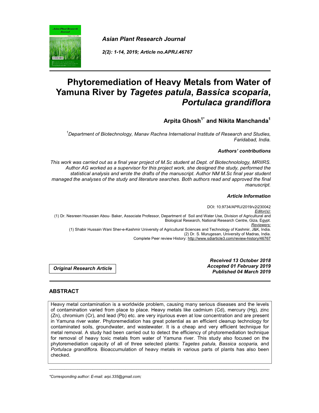 Phytoremediation of Heavy Metals from Water of Yamuna River by Tagetes Patula, Bassica Scoparia, Portulaca Grandiflora