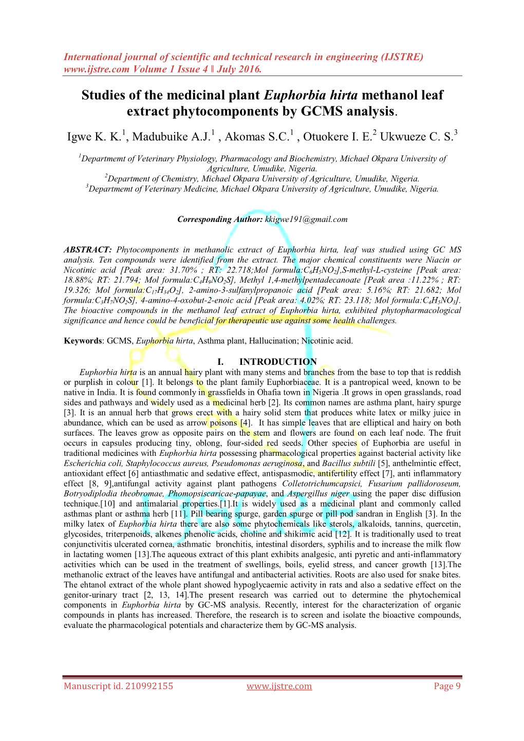 Studies of the Medicinal Plant Euphorbia Hirta Methanol Leaf Extract Phytocomponents by GCMS Analysis