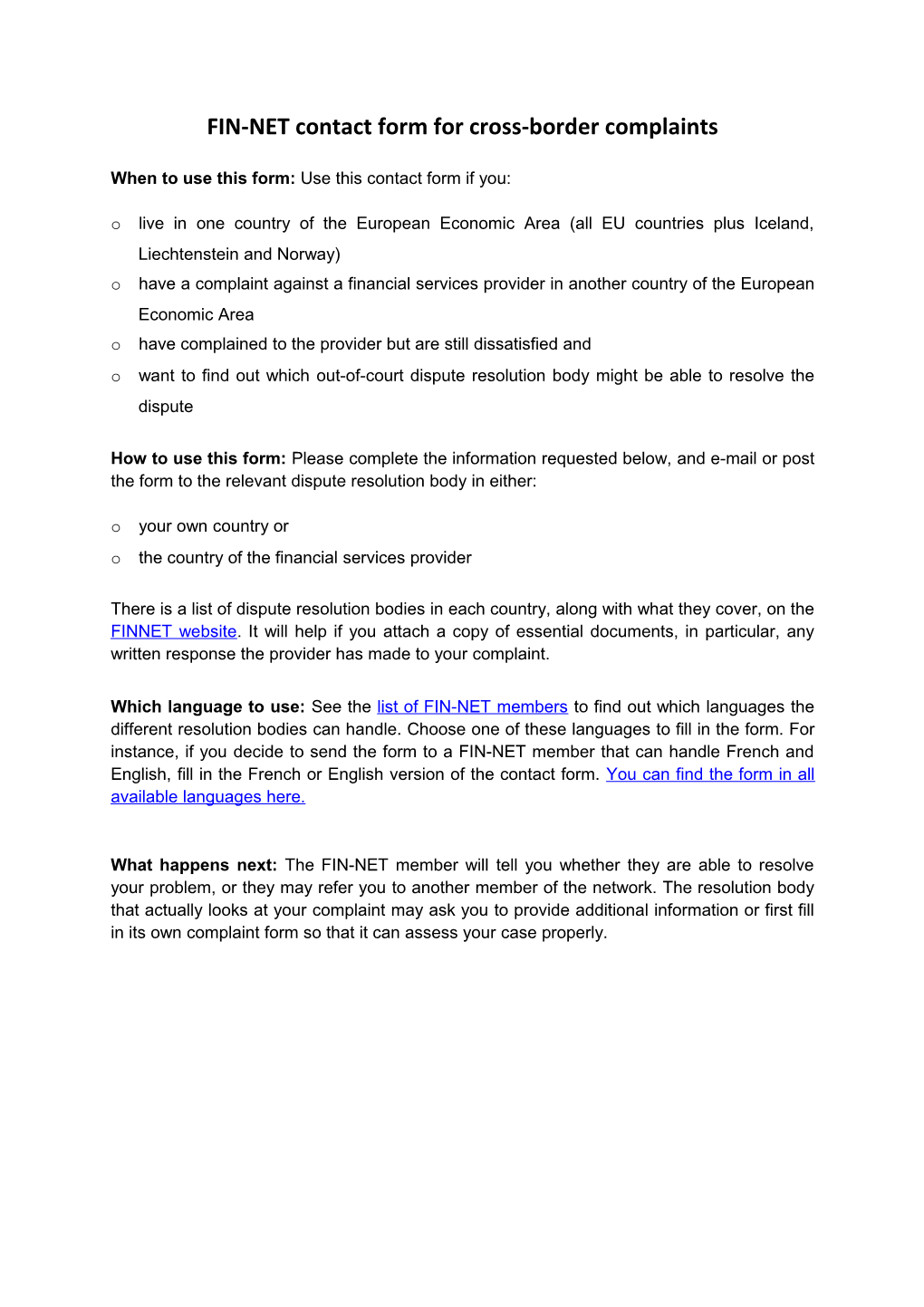 FIN-NET Contact Form for Cross-Border Complaints