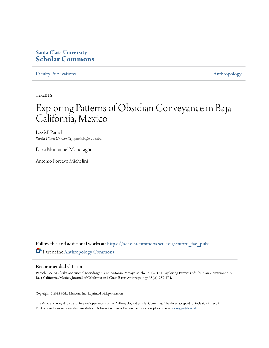 Exploring Patterns of Obsidian Conveyance in Baja California, Mexico Lee M