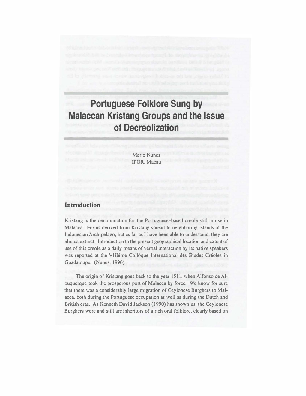 Portuguese Folklore Sung by Malaccan Kristang Groups and the Issue of Decreolization