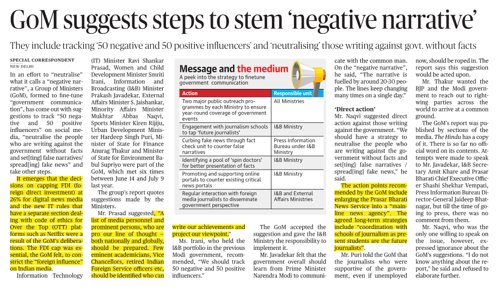 Negative Narrative’ They Include Tracking ‘50 Negative and 50 Positive Inﬂ�Uencers’ and ‘Neutralising’ Those Writing Against Govt