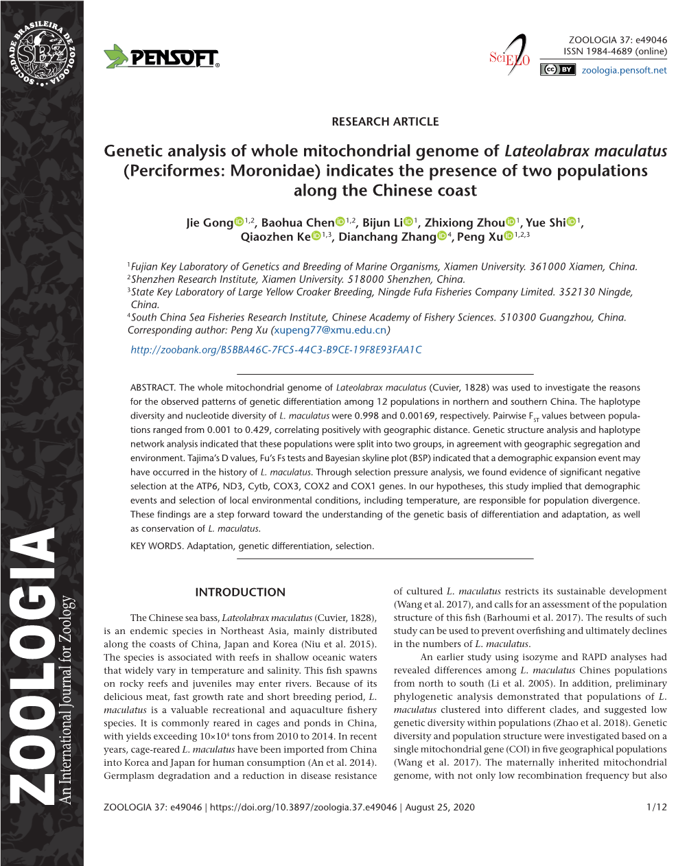 Genetic Analysis of Whole Mitochondrial Genome of Lateolabrax Maculatus (Perciformes: Moronidae) Indicates the Presence of Two Populations Along the Chinese Coast