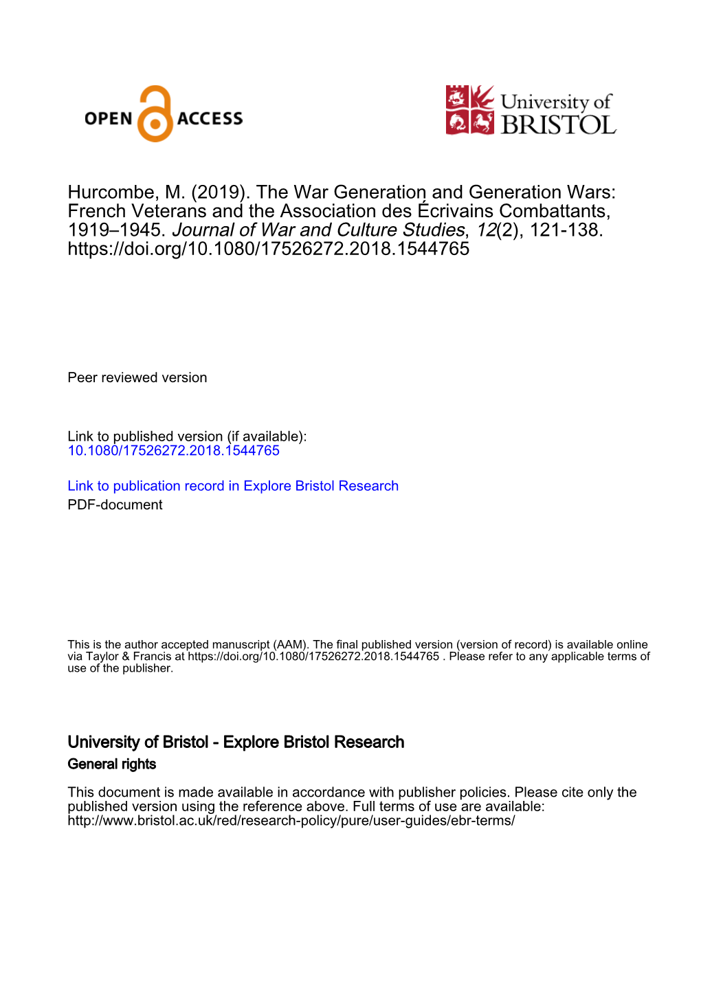 The War Generation and Generation Wars: French Veterans and the Association Des Écrivains Combattants, 1919–1945