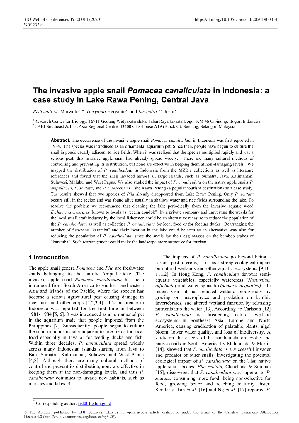 The Invasive Apple Snail Pomacea Canaliculata in Indonesia: a Case Study in Lake Rawa Pening, Central Java