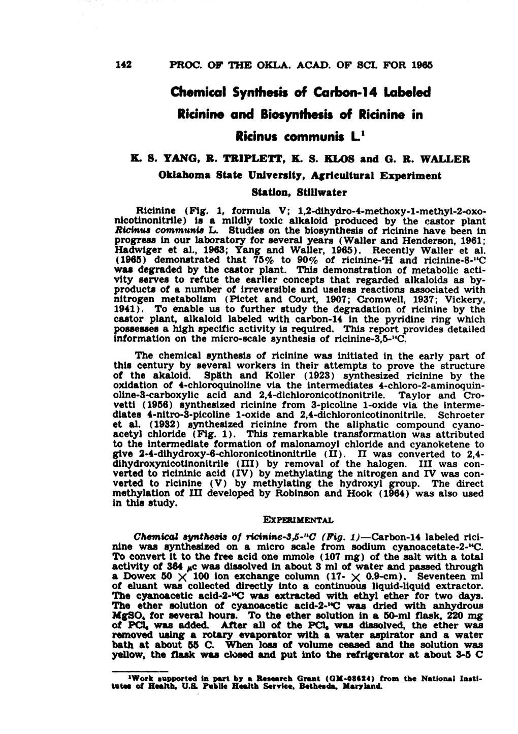 Chemical Synthesis of Carbon-14 Labeled Ricinine and Biosynthesis