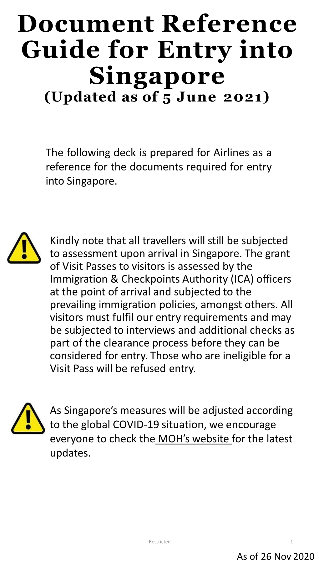 Document Reference Guide for Entry Into Singapore (Updated As of 5 June 2021)