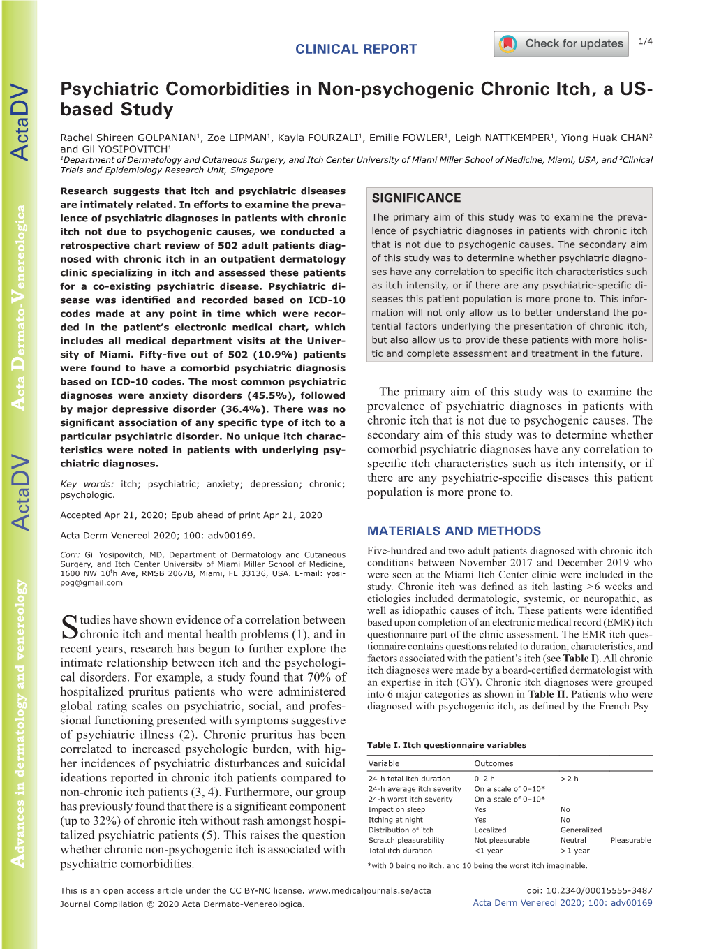 Psychiatric Comorbidities in Non-Psychogenic Chronic Itch, a US