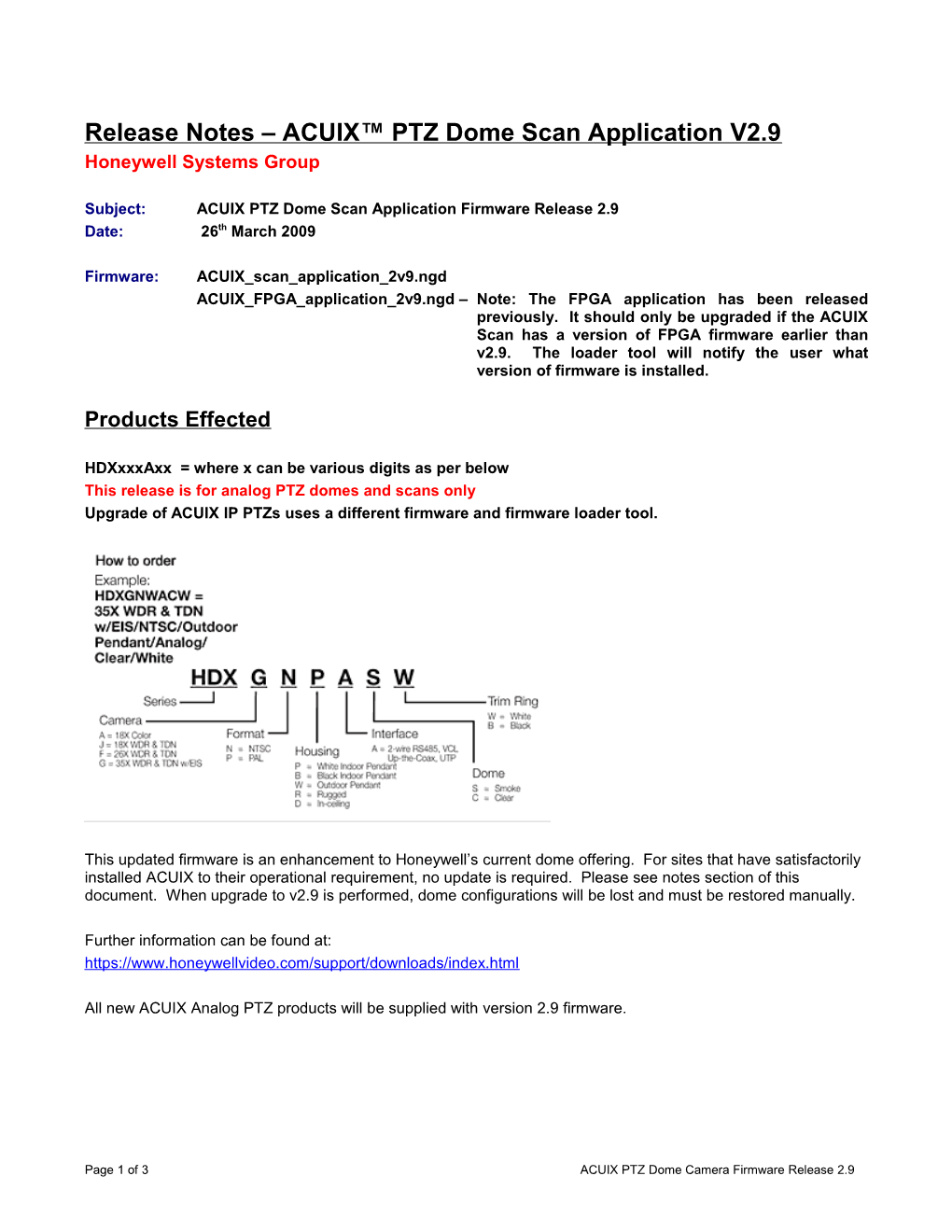 Release Notes Acuix PTZ Dome Camera Firmware