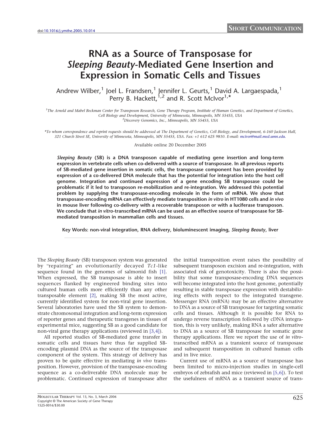 RNA As a Source of Transposase for Sleeping Beauty-Mediated Gene Insertion and Expression in Somatic Cells and Tissues