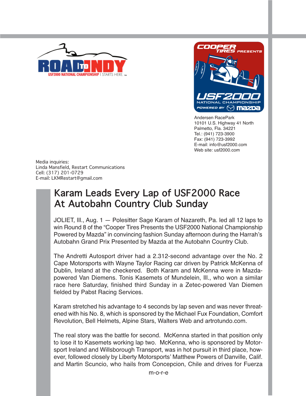 Karam Leads Every Lap of USF2000 Race at Autobahn Country Club Sunday