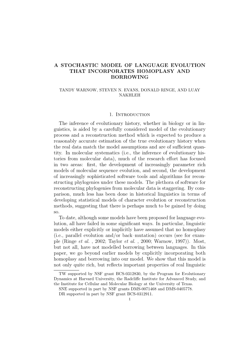 A Stochastic Model of Language Evolution That Incorporates Homoplasy and Borrowing