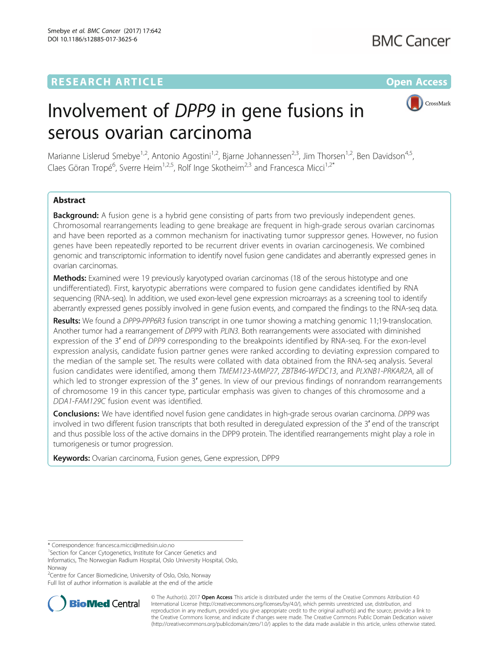 Involvement of DPP9 in Gene Fusions in Serous Ovarian Carcinoma