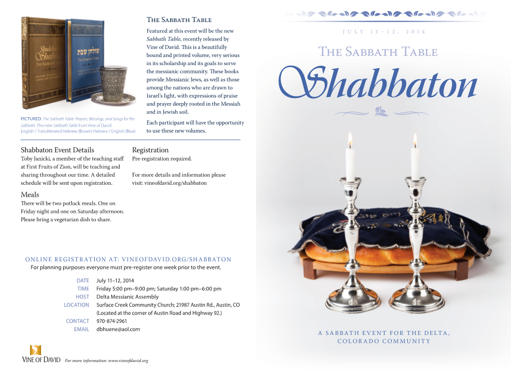The Sabbath Table Featured at This Event Will Be the New JULY 11–12, 2014 Sabbath Table, Recently Released by Vine of David