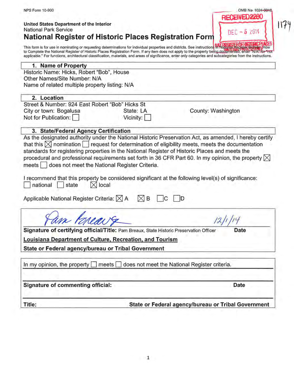 Hicks, Robert "Bob", House Other Names/Site Number: N/A Name of Related Multiple Property Listing: N/A