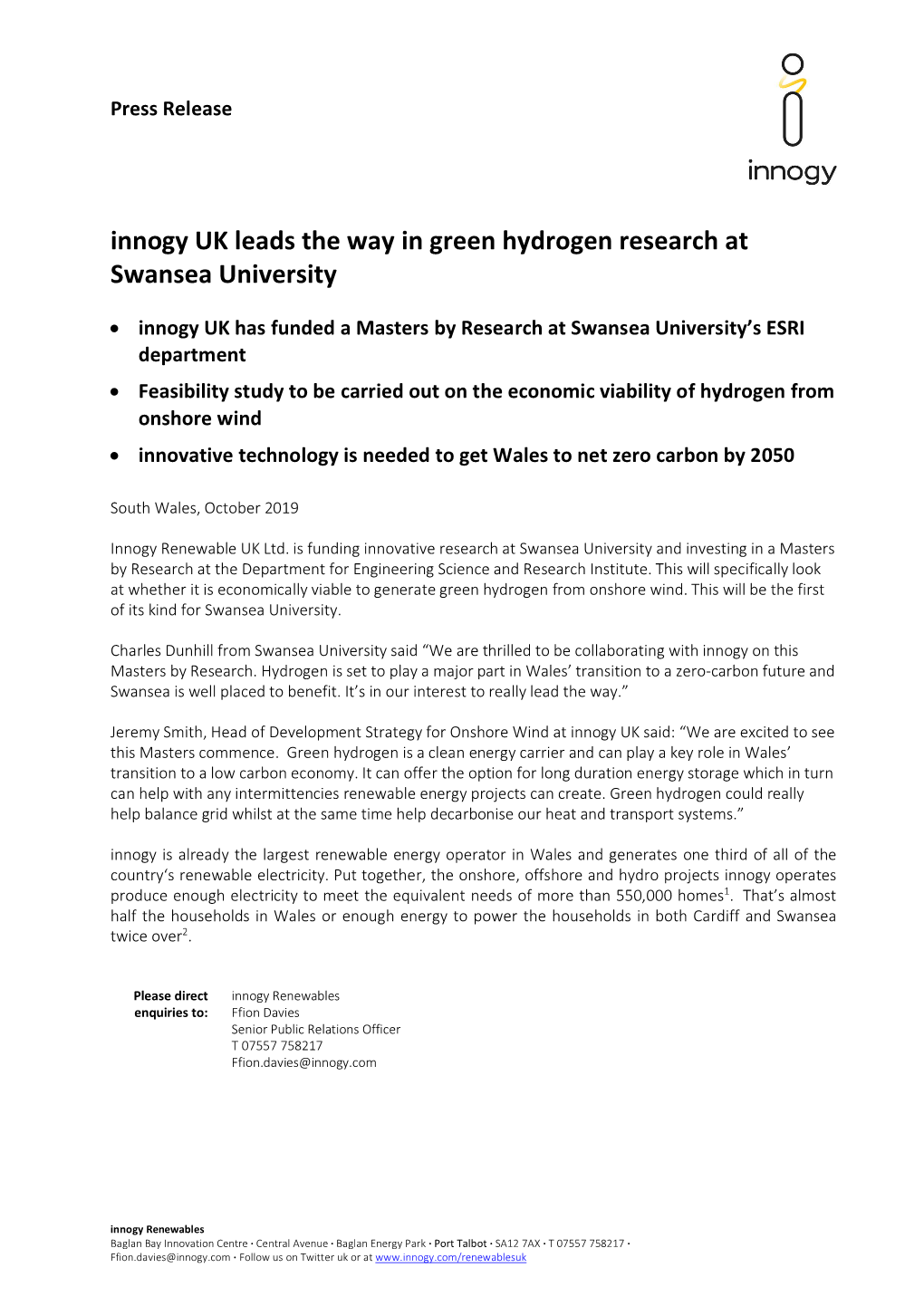 Innogy UK Leads the Way in Green Hydrogen Research at Swansea University