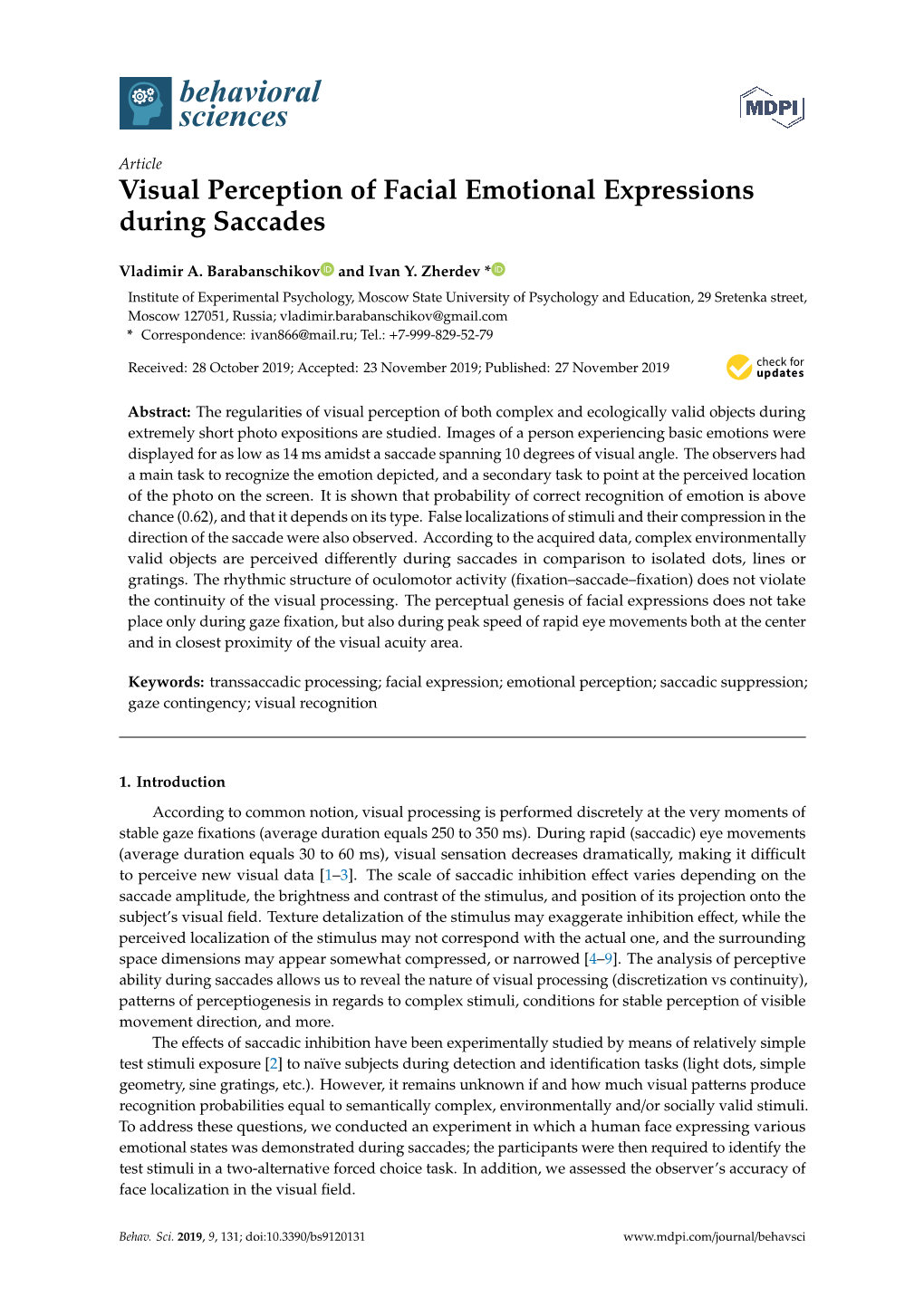 Visual Perception of Facial Emotional Expressions During Saccades