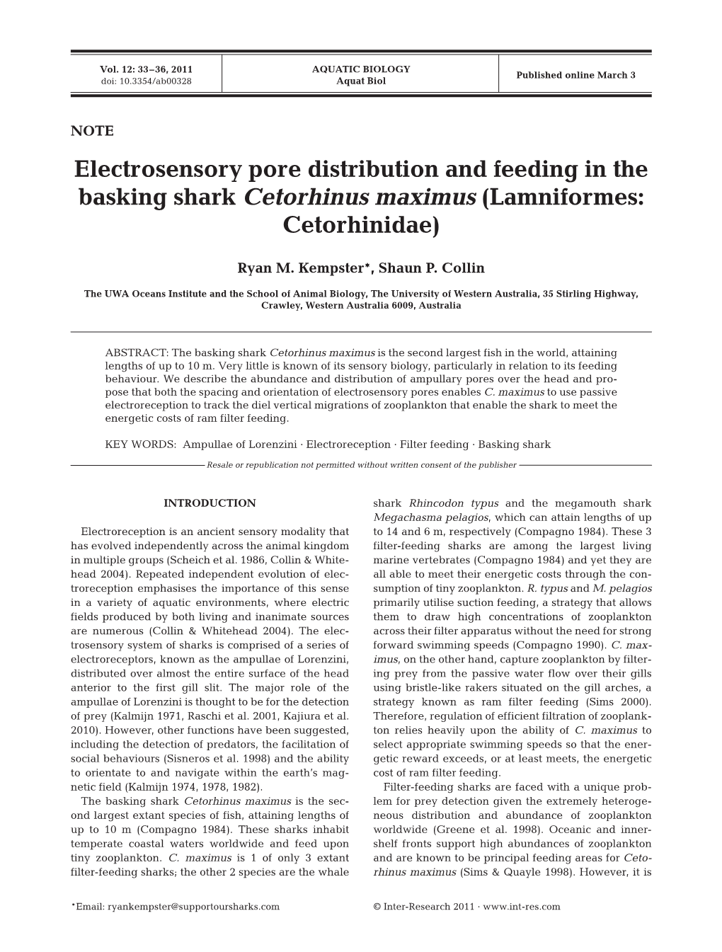 Electrosensory Pore Distribution and Feeding in the Basking Shark Cetorhinus Maximus (Lamniformes: Cetorhinidae)