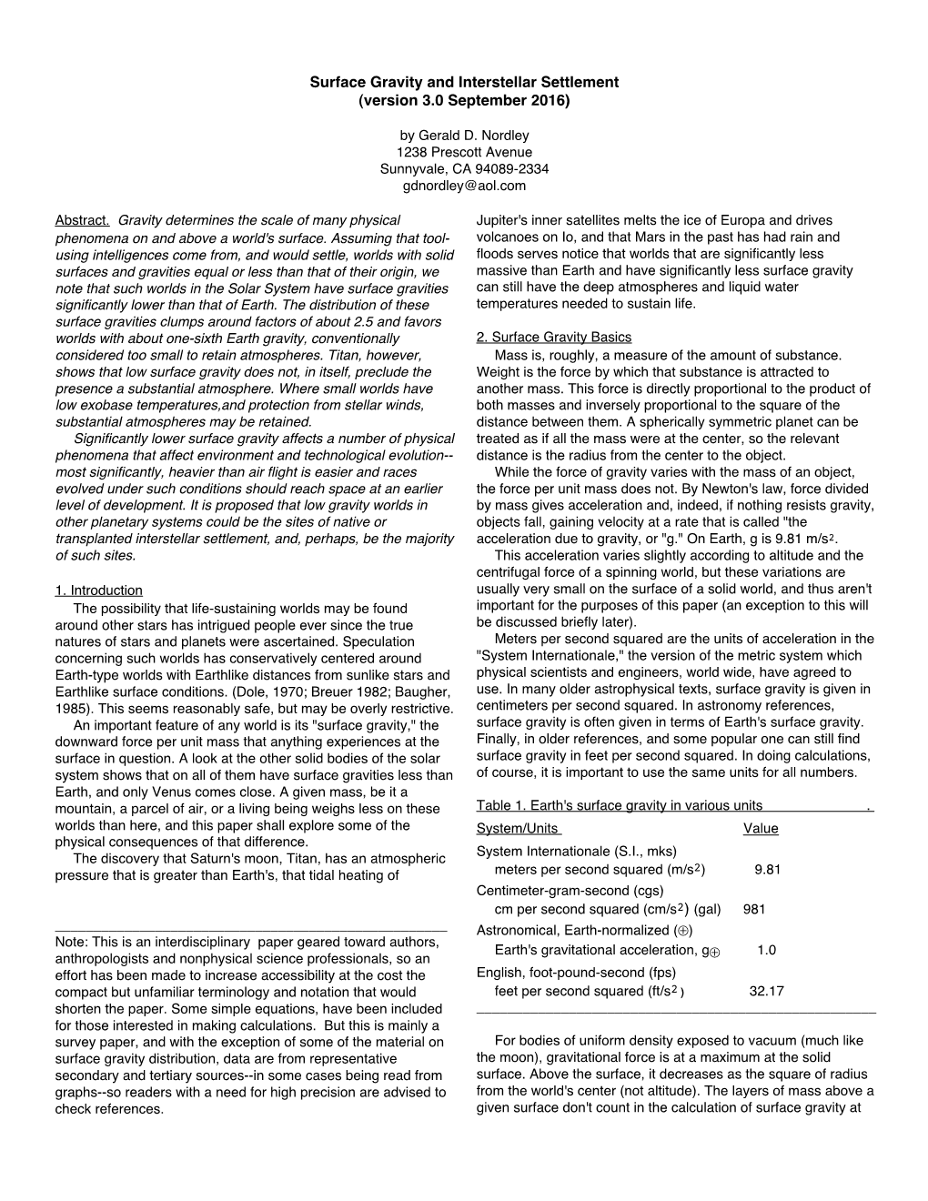 Surface Gravity and Interstellar Settlement (Version 3.0 September 2016)