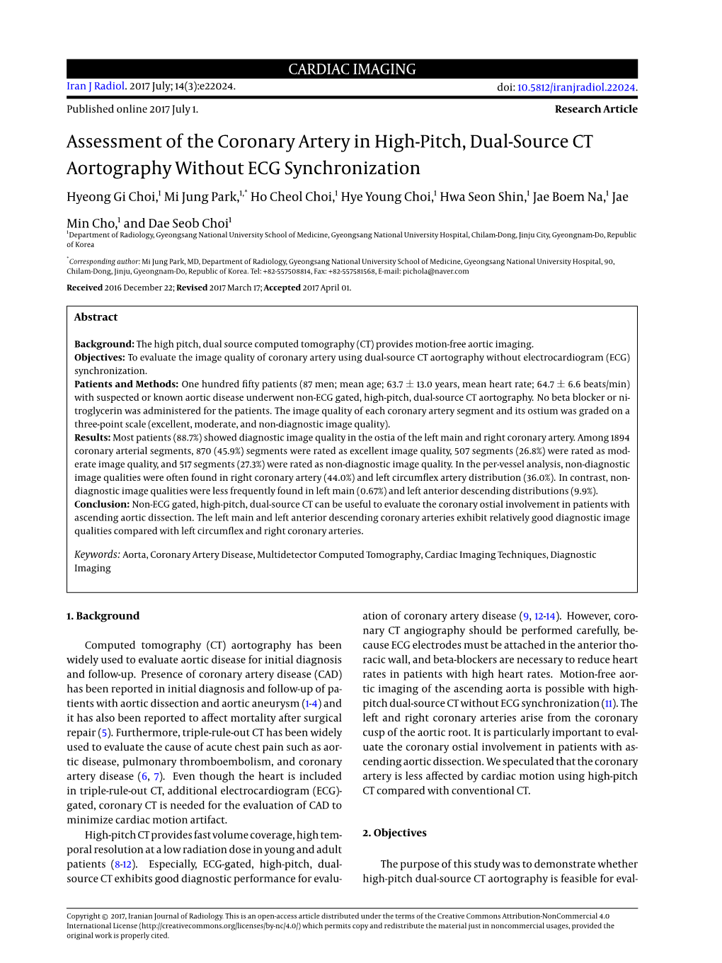 Assessment of the Coronary Artery in High-Pitch, Dual-Source CT