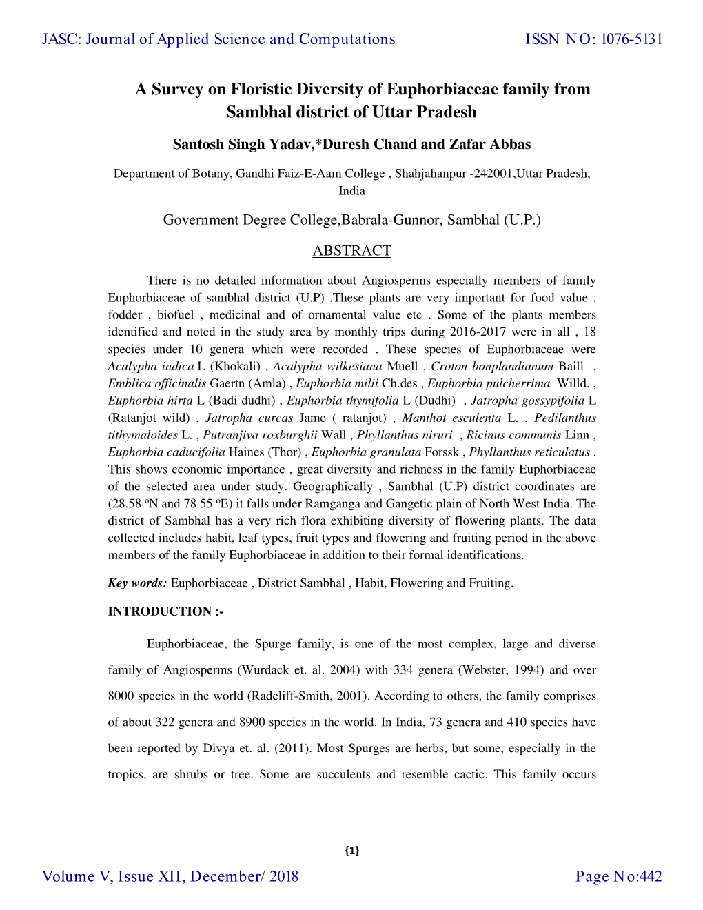 A Survey on Floristic Diversity of Euphorbiaceae Family from Sambhal District of Uttar Pradesh