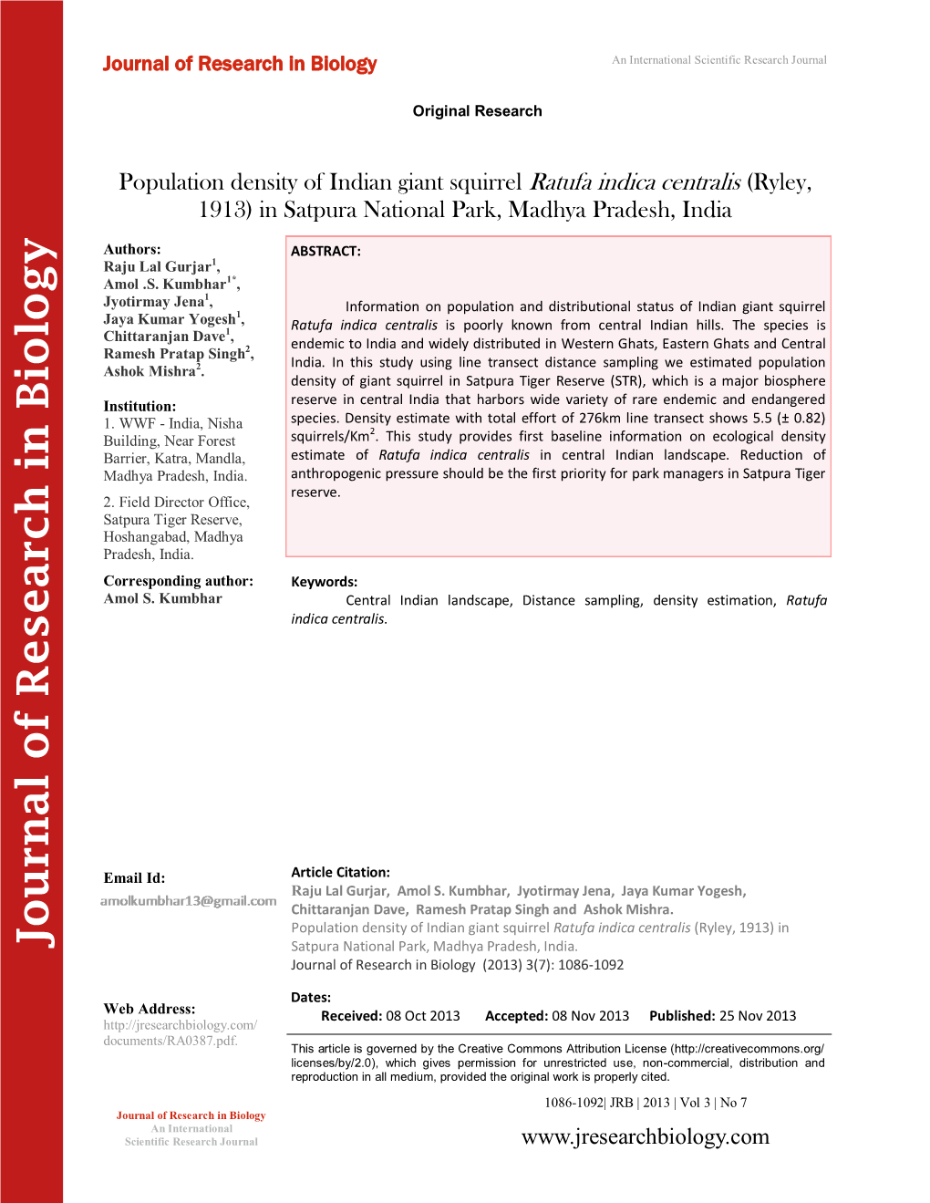 Journal of Rese Arch in B Iolog Y