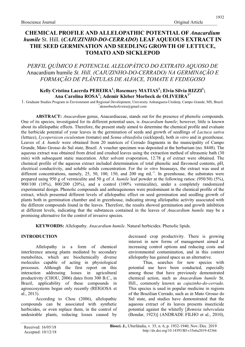 Cajuzinho-Do-Cerrado) Leaf Aqueous Extract in the Seed Germination and Seedling Growth of Lettuce, Tomato and Sicklepod