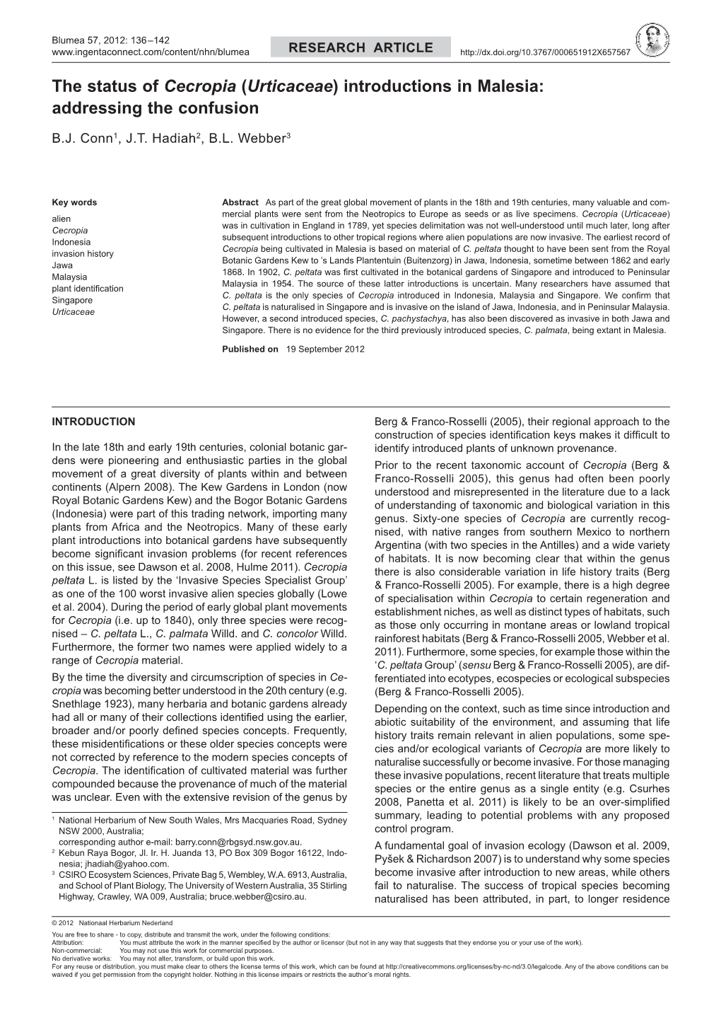 The Status of Cecropia (Urticaceae) Introductions in Malesia: Addressing the Confusion