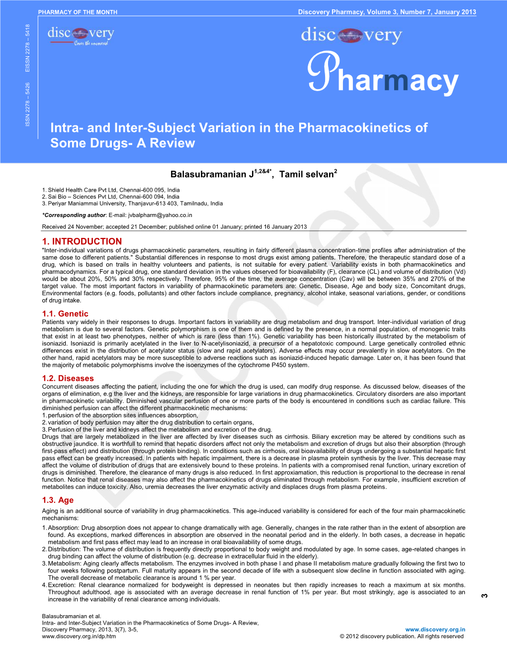 PHARMACY of the MONTH Discovery Pharmacy, Volume 3, Number 7, January 2013 PHARMACY of the MONTH 18 54 – EISSN 2278 26 54 – Pharmacy