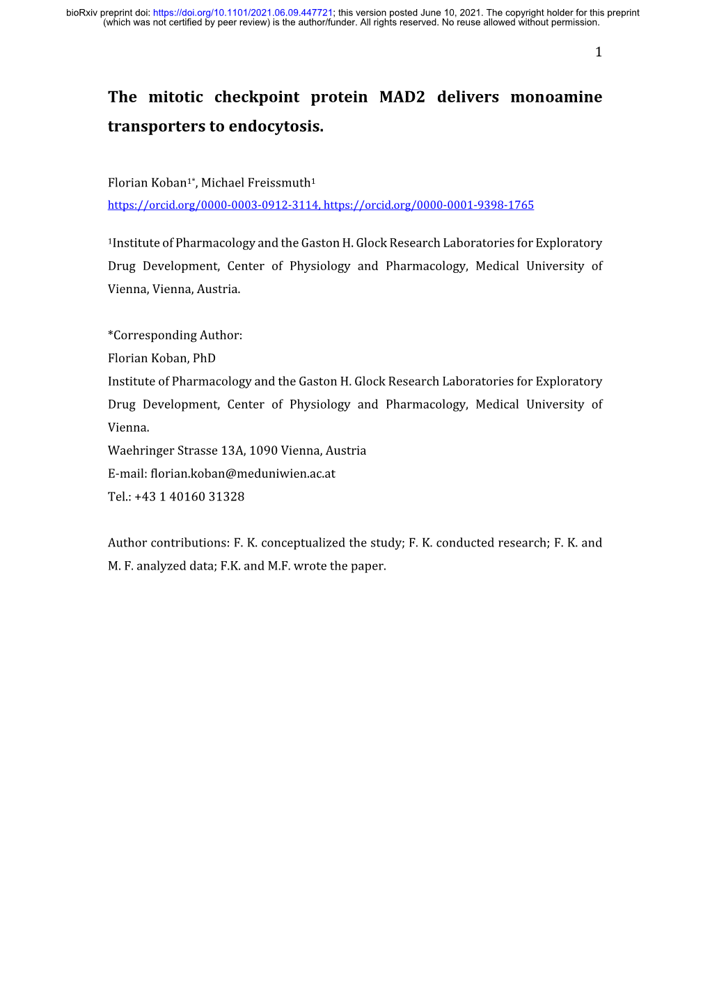 The Mitotic Checkpoint Protein MAD2 Delivers Monoamine Transporters to Endocytosis