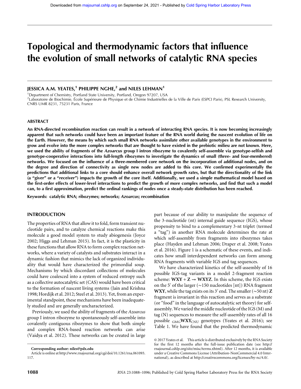 Topological and Thermodynamic Factors That Influence the Evolution of Small Networks of Catalytic RNA Species