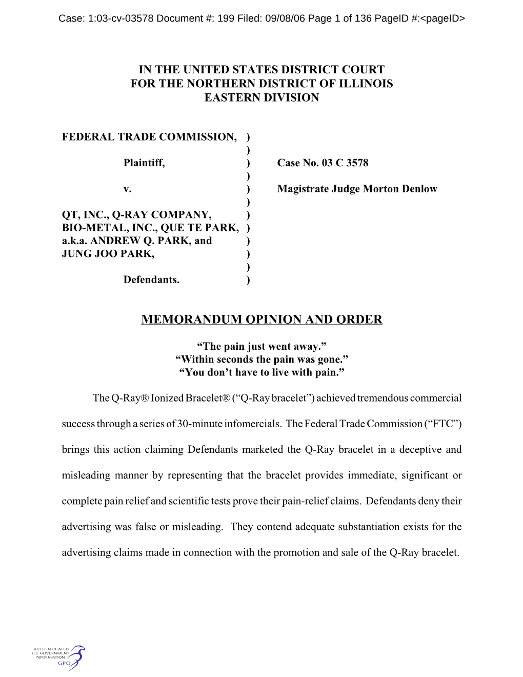 1:03-Cv-03578 Document #: 199 Filed: 09/08/06 Page 1 of 136 Pageid