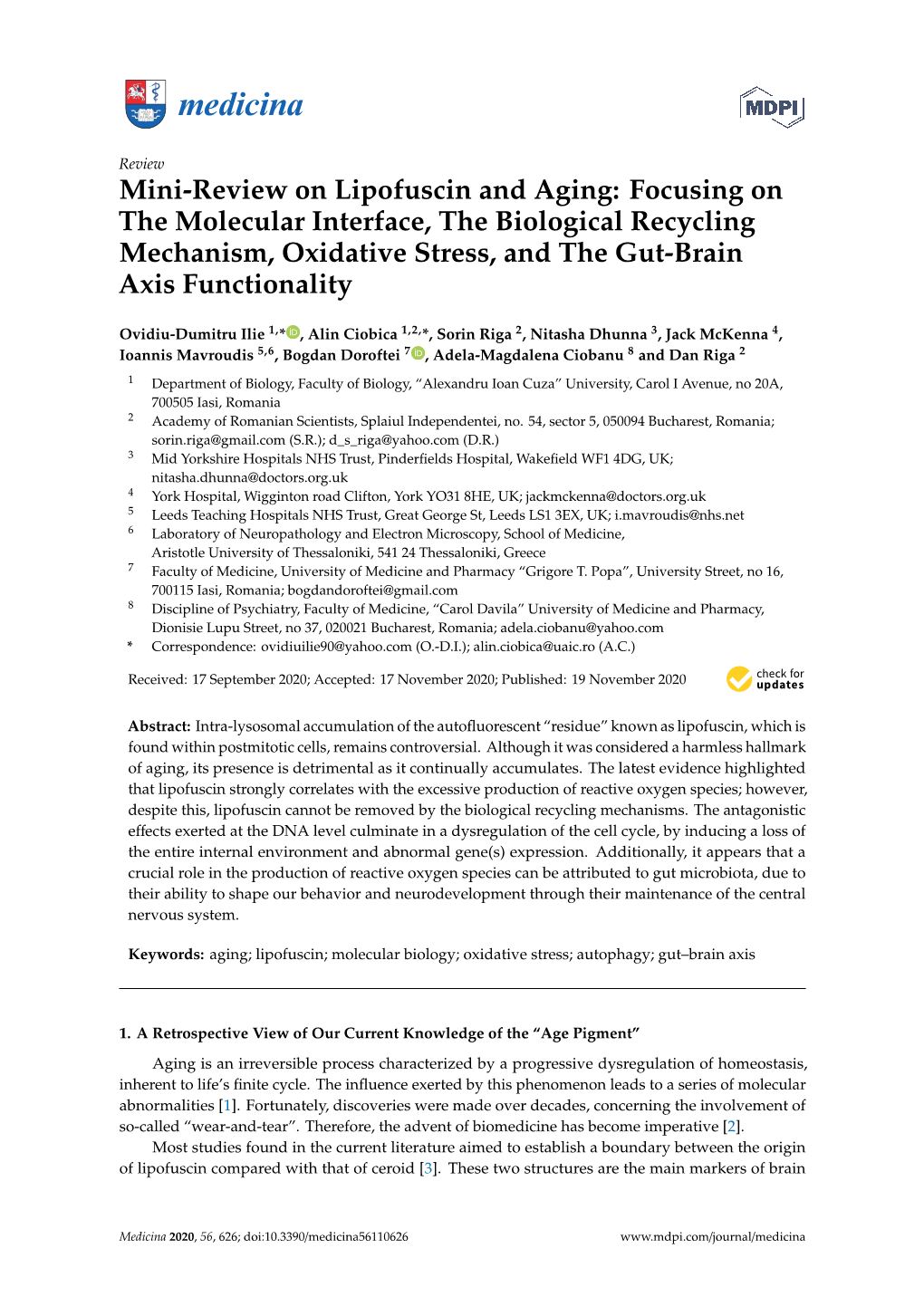 Mini-Review on Lipofuscin and Aging: Focusing on the Molecular Interface, the Biological Recycling Mechanism, Oxidative Stress, and the Gut-Brain Axis Functionality