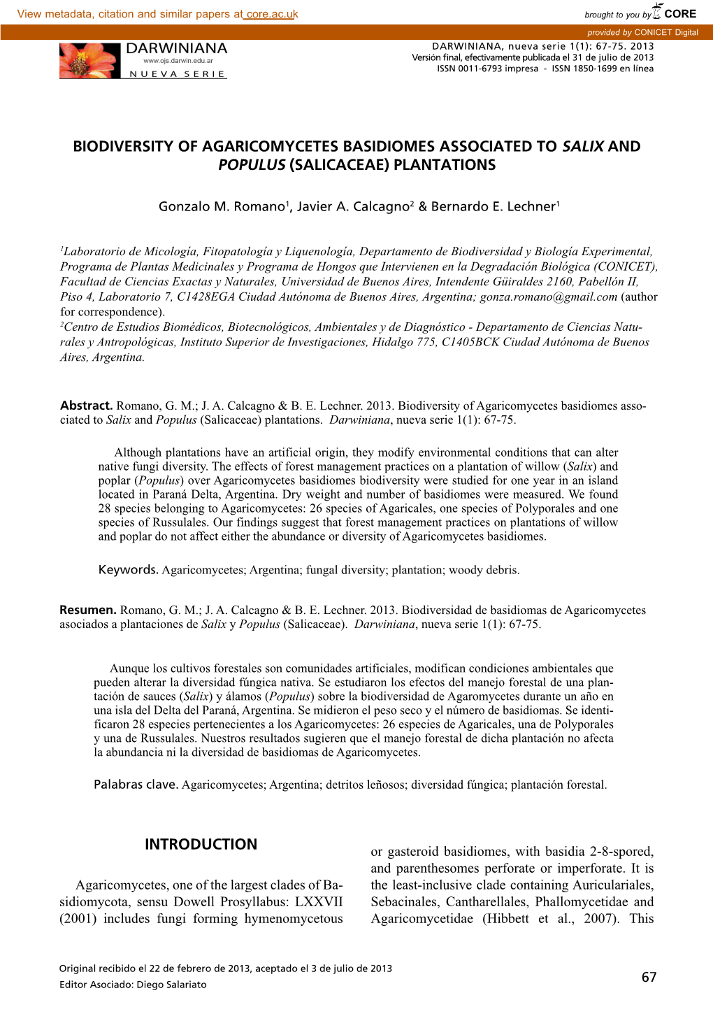 INTRODUCTION Biodiversity of Agaricomycetes Basidiomes