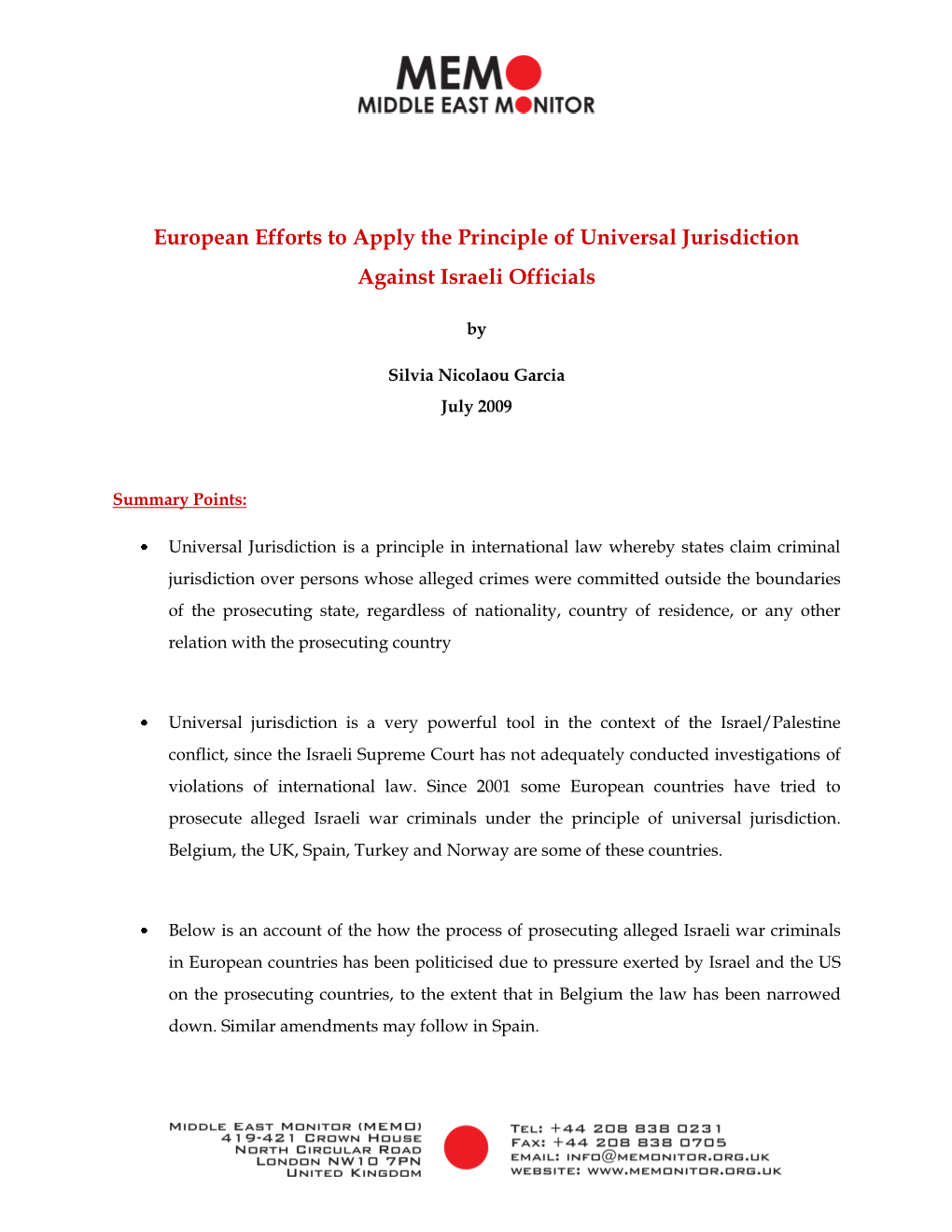European Efforts to Apply the Principle of Universal Jurisdiction Against Israeli Officials
