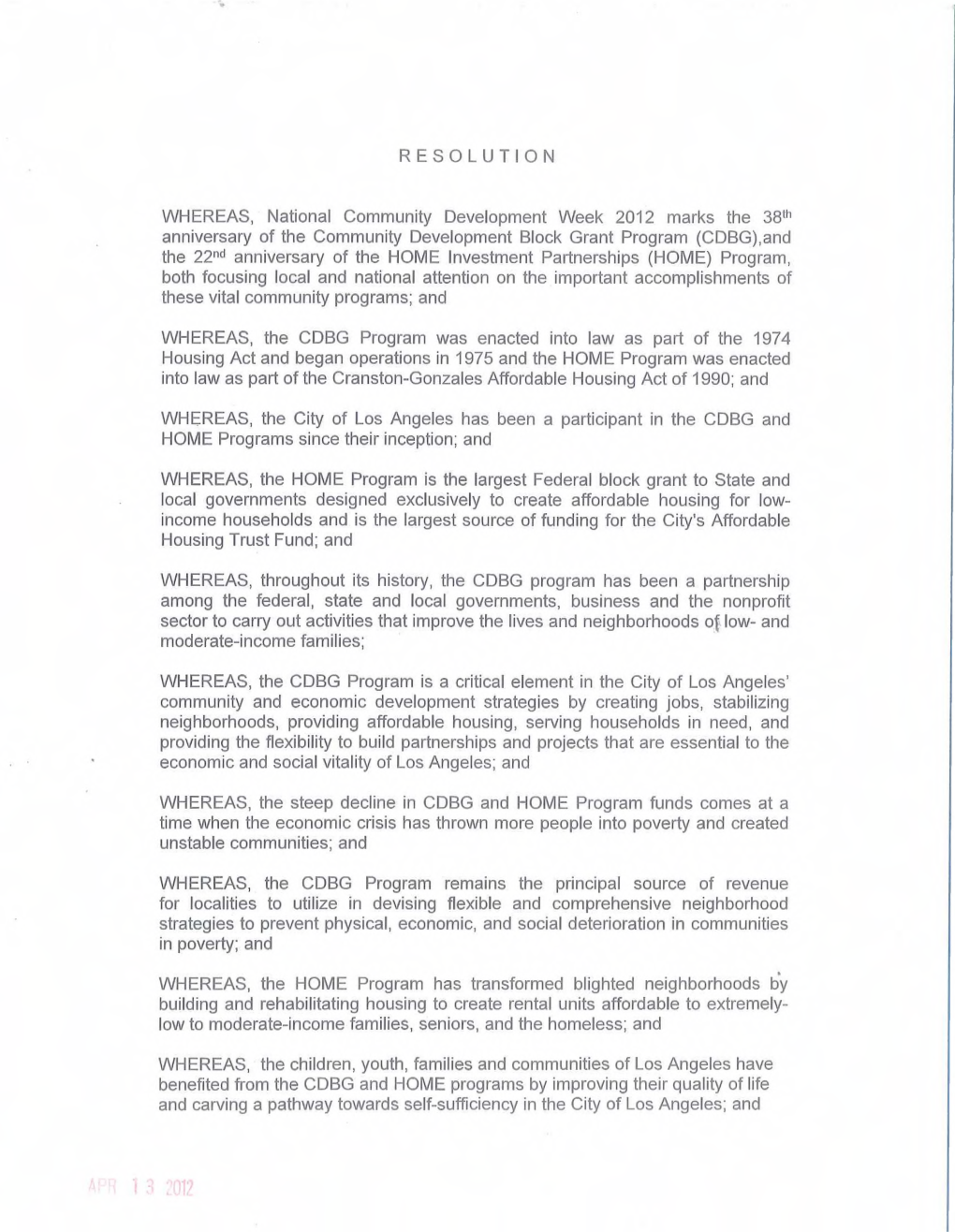 RESOLUTION WHEREAS, National Community Development Week