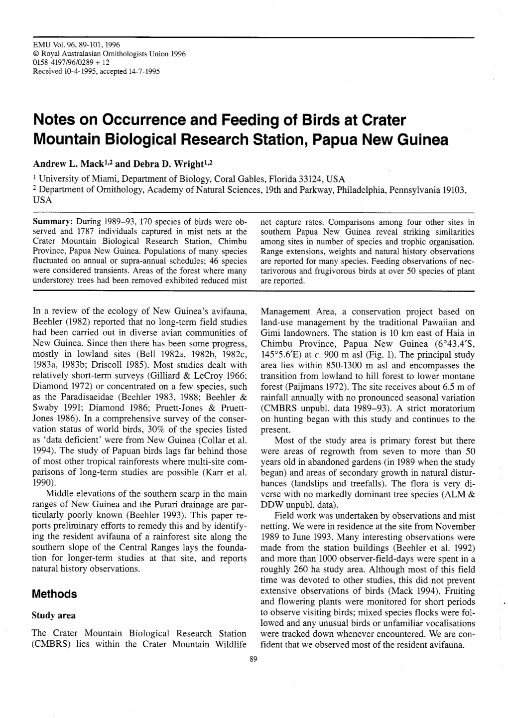 Notes on Occurrence and Feeding of Birds at Crater Mountain Biological Research Station, Papua New Guinea